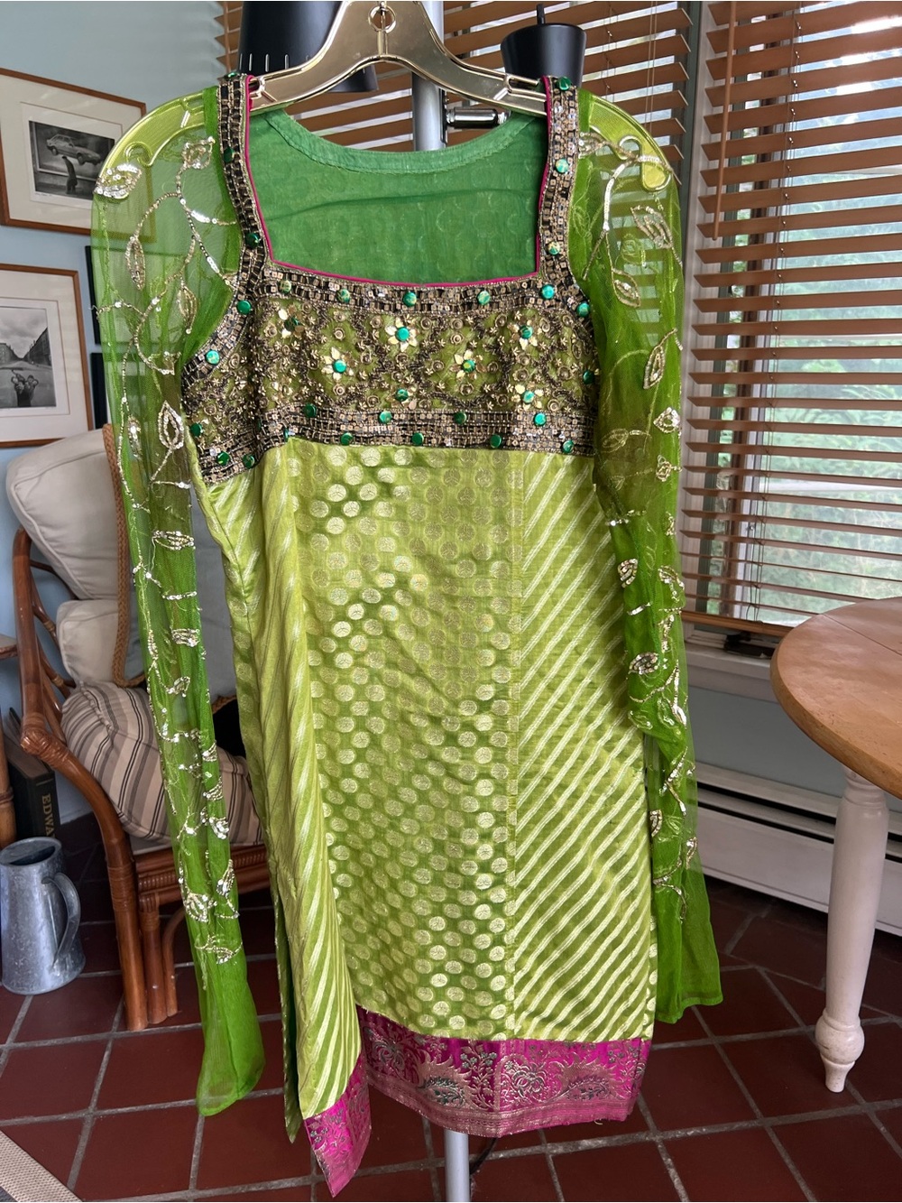Embroidered Lime Green Long-Sleeve Women's Dress with Sheer Overlay